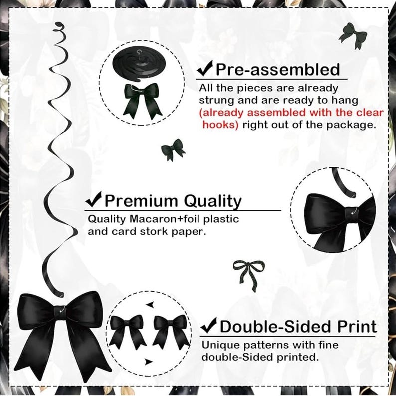 Bow Party Hanging Swirls Decorations, Black Bow Birthday Party Decortions,Coquette Birthday Party Bow Party Decorations for Birthday, Bridal
