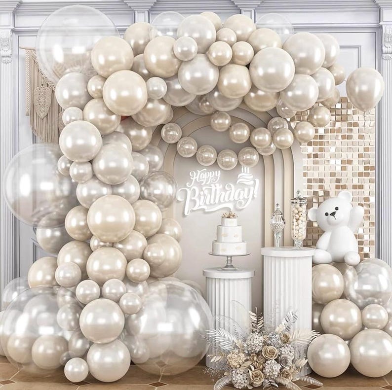White Balloons Garland Arch Kit,120Pcs Pearl Sand White and Double Stuffed Balloons Garland Different Sizes for Girl Women Birthday Bridal