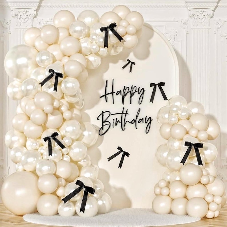 White Balloon Arch Kit 141 Pcs Coquette Birthday Decorations Include Pearl White Balloon and Black Bow for Wedding , Birthday , Baby Shower