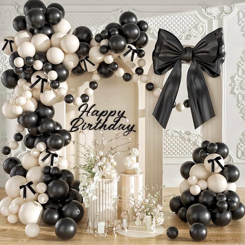 Black and White Balloon Arch Kit 158 Pcs Coquette Birthday Decorations Include Black White Balloon and Black Bow for Wedding Birthday