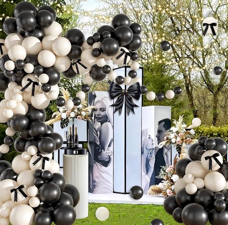 Black and White Balloon Arch Kit 158 Pcs Coquette Birthday Decorations Include Black White Balloon and Black Bow for Wedding Birthday