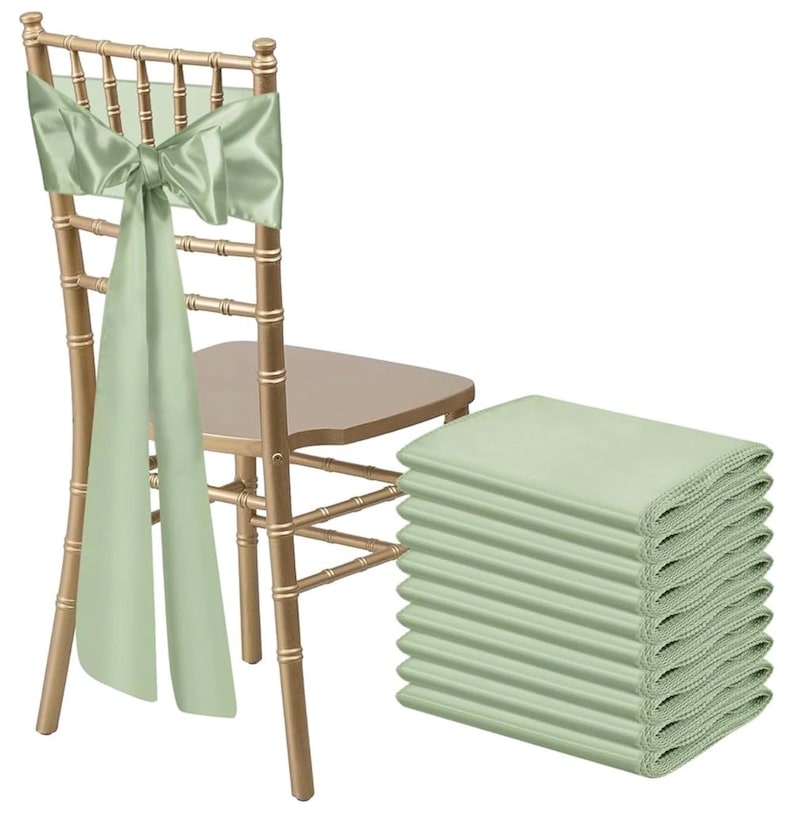 10PCS Sage Green Satin Chair Sashes Bows Universal Chair Ribbon Ties Back Sash for Wedding Party Reception Events Banquets Hotel Event Chair