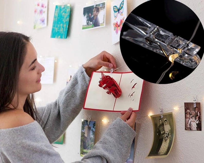 Photo String Lights with Clips for Hanging: 33Ft 100LED & Timer Fairy Light with 50 Clear Clip for Picture Display Indoor Bedroom Room Wall