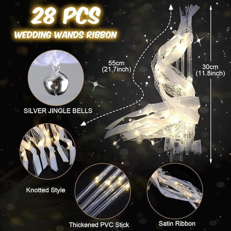 28 PCS light up wands for wedding, Wedding Wands Streamers with 3 Colorful Flashing Modes, Fairy Wands, LED Silk Fairy Wand  for Wedding