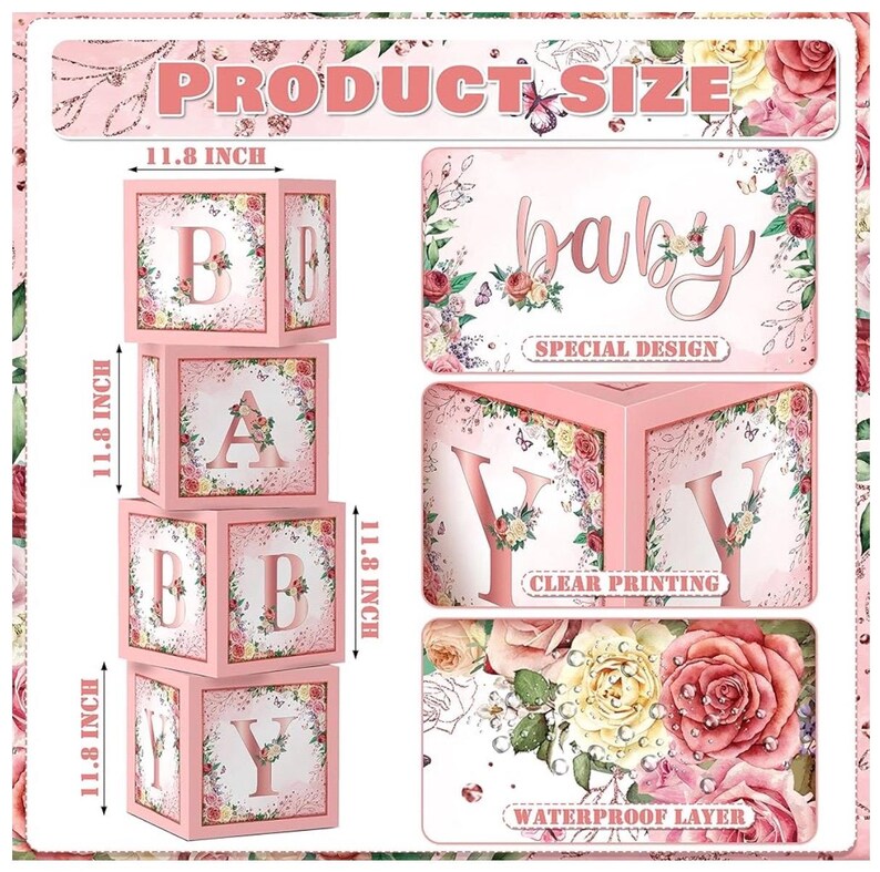 Floral Baby Shower Box Birthday Party Decoration Pink Balloon Blocks First Birthday Centerpiece Decor for Girls Rose Gold Gender Reveal