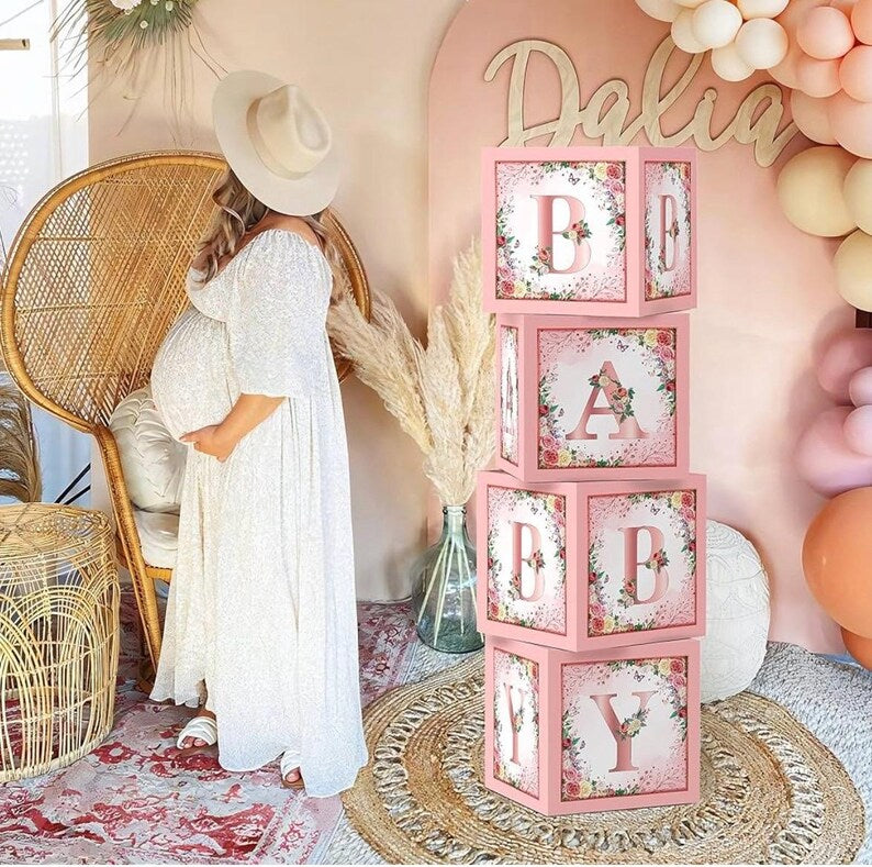 Floral Baby Shower Box Birthday Party Decoration Pink Balloon Blocks First Birthday Centerpiece Decor for Girls Rose Gold Gender Reveal