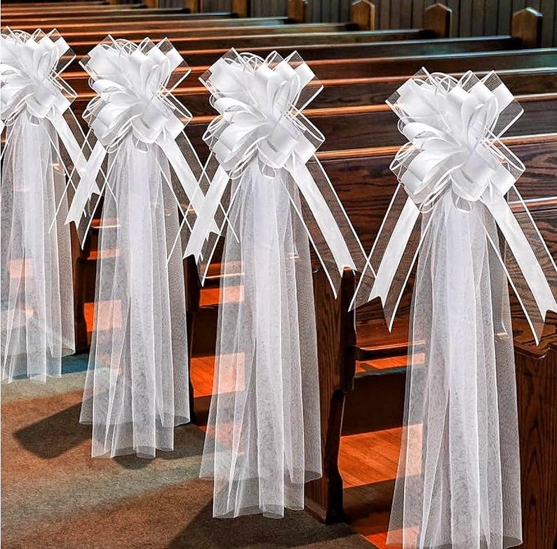 12 Set Large Wedding Pew Bows with Long Tulle Tails Wedding Pew Bows Church Chair Aisle Decorations Wedding Car Decoration Big Bows