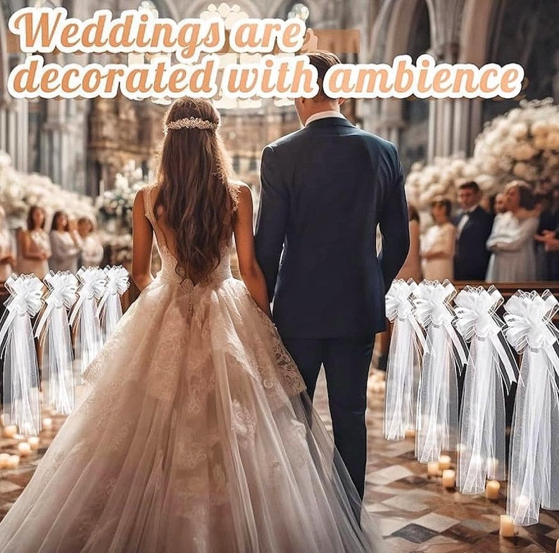 12 Set Large Wedding Pew Bows with Long Tulle Tails Wedding Pew Bows Church Chair Aisle Decorations Wedding Car Decoration Big Bows