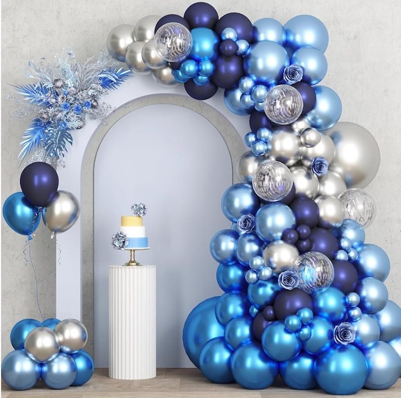 Metallic Blue Silver Balloon Garland Arch Kit, 18 12 10 5 Inch Blue Silver Confetti Latex Party Balloons for Birthday Graduation Baby Shower