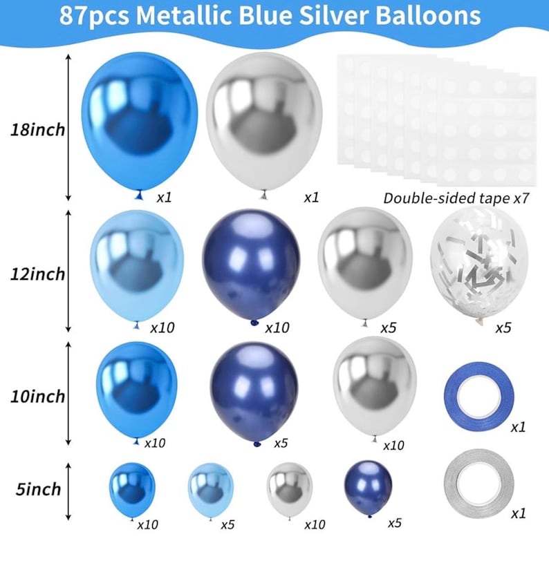 Metallic Blue Silver Balloon Garland Arch Kit, 18 12 10 5 Inch Blue Silver Confetti Latex Party Balloons for Birthday Graduation Baby Shower