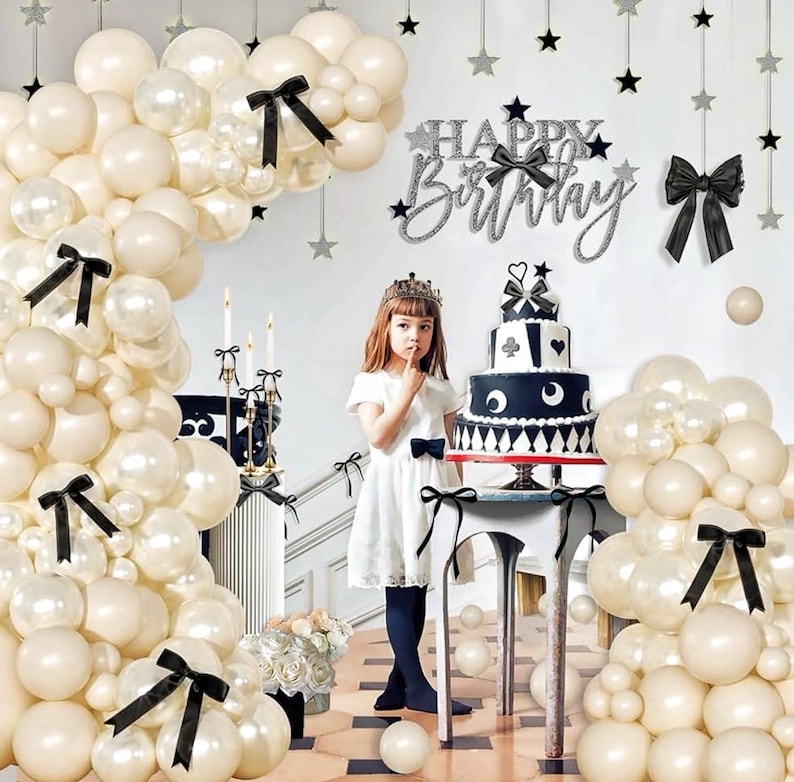 White Balloon Arch Kit 141 Pcs Coquette Birthday Decorations Include Pearl White Balloon and Black Bow for Wedding , Birthday , Baby Shower