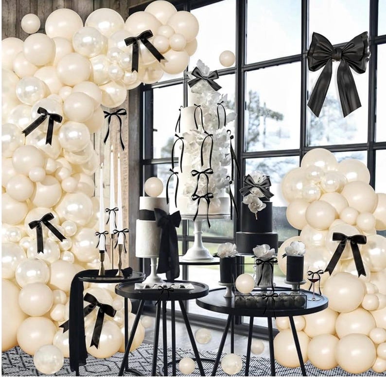 White Balloon Arch Kit 141 Pcs Coquette Birthday Decorations Include Pearl White Balloon and Black Bow for Wedding , Birthday , Baby Shower