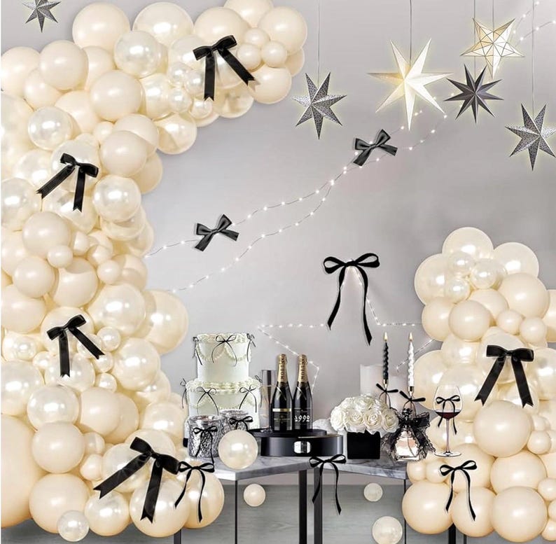 White Balloon Arch Kit 141 Pcs Coquette Birthday Decorations Include Pearl White Balloon and Black Bow for Wedding , Birthday , Baby Shower