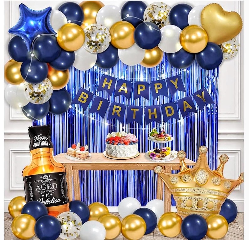 Navy Blue Birthday Decorations for Women Men 53pcs with HAPPY BIRTHDAY Banner Curtains Bottle Crown Heart Star LED light and Balloons