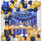 Navy Blue Birthday Decorations for Women Men 53pcs with HAPPY BIRTHDAY Banner Curtains Bottle Crown Heart Star LED light and Balloons
