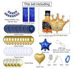 Navy Blue Birthday Decorations for Women Men 53pcs with HAPPY BIRTHDAY Banner Curtains Bottle Crown Heart Star LED light and Balloons