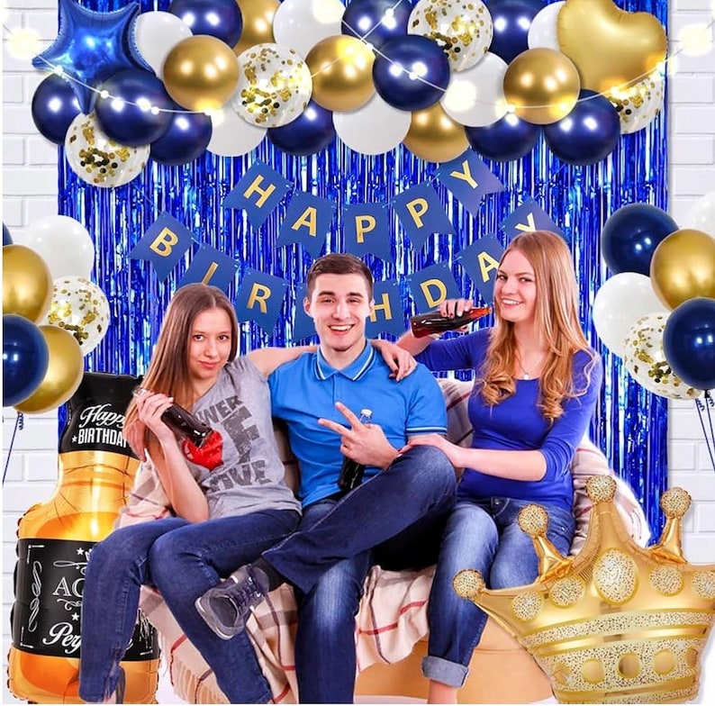 Navy Blue Birthday Decorations for Women Men 53pcs with HAPPY BIRTHDAY Banner Curtains Bottle Crown Heart Star LED light and Balloons