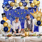 Navy Blue Birthday Decorations for Women Men 53pcs with HAPPY BIRTHDAY Banner Curtains Bottle Crown Heart Star LED light and Balloons