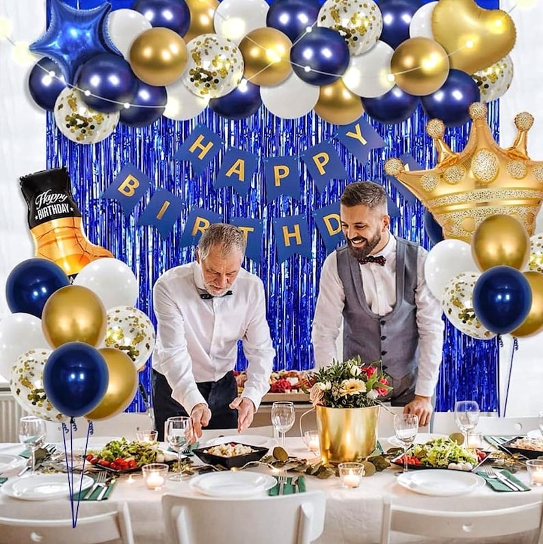 Navy Blue Birthday Decorations for Women Men 53pcs with HAPPY BIRTHDAY Banner Curtains Bottle Crown Heart Star LED light and Balloons