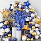 Navy Blue Birthday Decorations for Women Men 53pcs with HAPPY BIRTHDAY Banner Curtains Bottle Crown Heart Star LED light and Balloons