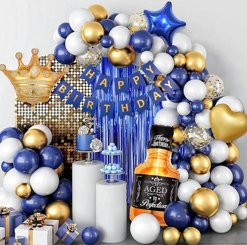 Navy Blue Birthday Decorations for Women Men 53pcs with HAPPY BIRTHDAY Banner Curtains Bottle Crown Heart Star LED light and Balloons