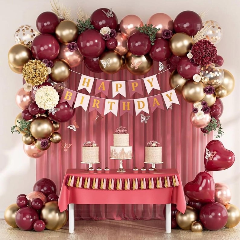 Burgundy Birthday Party Decorations with Happy Birthday Banner Tissue Tassels Paper Pompoms Butterfly Decorations Balloons Happy Birthday
