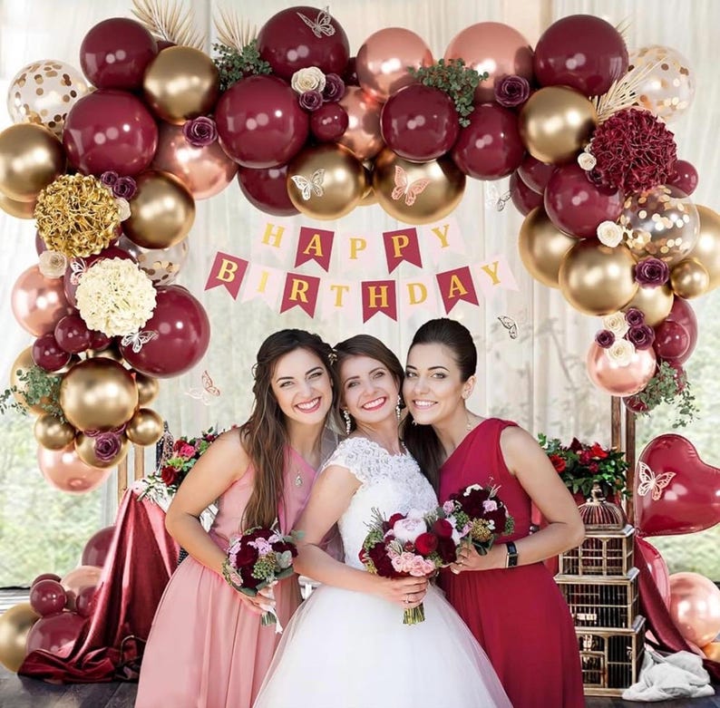 Burgundy Birthday Party Decorations with Happy Birthday Banner Tissue Tassels Paper Pompoms Butterfly Decorations Balloons Happy Birthday