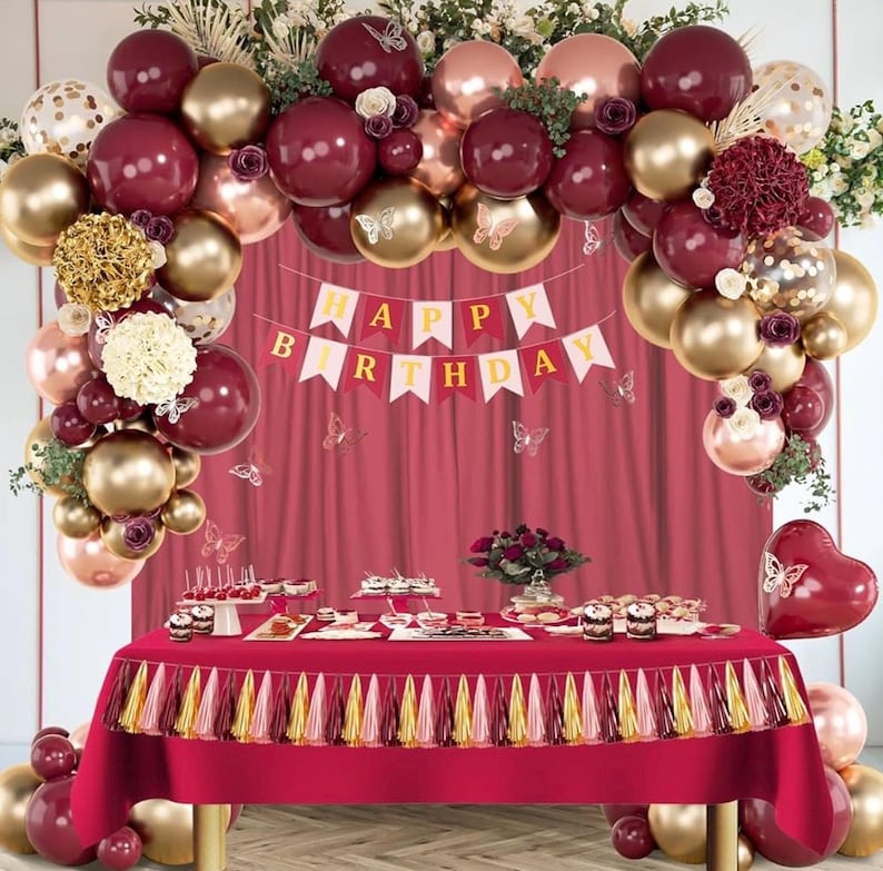 Burgundy Birthday Party Decorations with Happy Birthday Banner Tissue Tassels Paper Pompoms Butterfly Decorations Balloons Happy Birthday