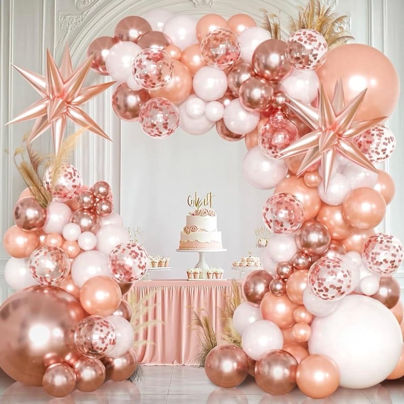 Rose Gold Balloons Garland Arch Kit,144pcs Metallic Rose Gold White Balloons Rose Gold Confetti Balloons for Women Birthday Wedding Bridal