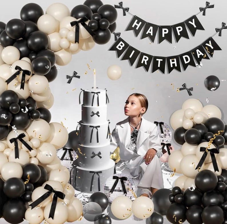 Black and White Balloon Arch Kit 158 Pcs Coquette Birthday Decorations Include Black White Balloon and Black Bow for Wedding Birthday