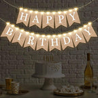 2 Pieces Burlap Happy Birthday Banner Flags and 2 Pieces Mini LED Fairy Lights Battery Rustic Birthday Banner Garland Bunting for Birthday