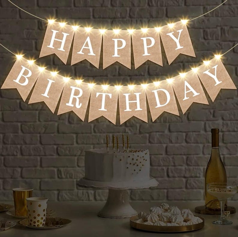 2 Pieces Burlap Happy Birthday Banner Flags and 2 Pieces Mini LED Fairy Lights Battery Rustic Birthday Banner Garland Bunting for Birthday