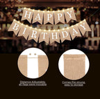 2 Pieces Burlap Happy Birthday Banner Flags and 2 Pieces Mini LED Fairy Lights Battery Rustic Birthday Banner Garland Bunting for Birthday