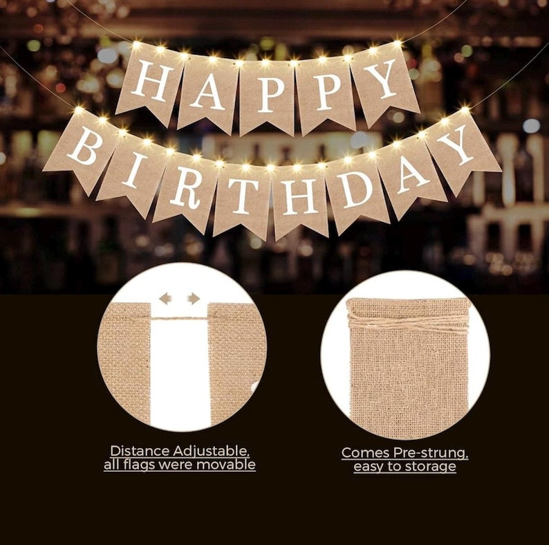 2 Pieces Burlap Happy Birthday Banner Flags and 2 Pieces Mini LED Fairy Lights Battery Rustic Birthday Banner Garland Bunting for Birthday