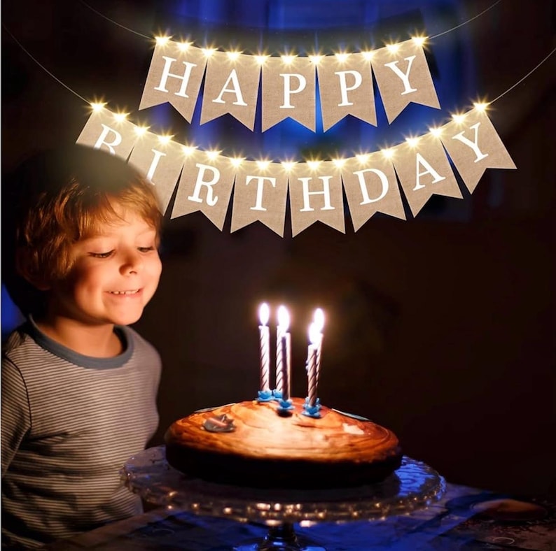 2 Pieces Burlap Happy Birthday Banner Flags and 2 Pieces Mini LED Fairy Lights Battery Rustic Birthday Banner Garland Bunting for Birthday