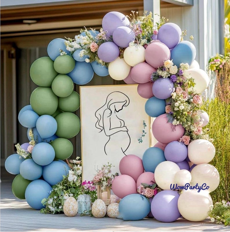 Blue Green Pink Balloon Garland - Double Stuffed Dusty Blue Sage Green Balloon Light Pink Purple Lavender Pastel Balloon Arch Kit