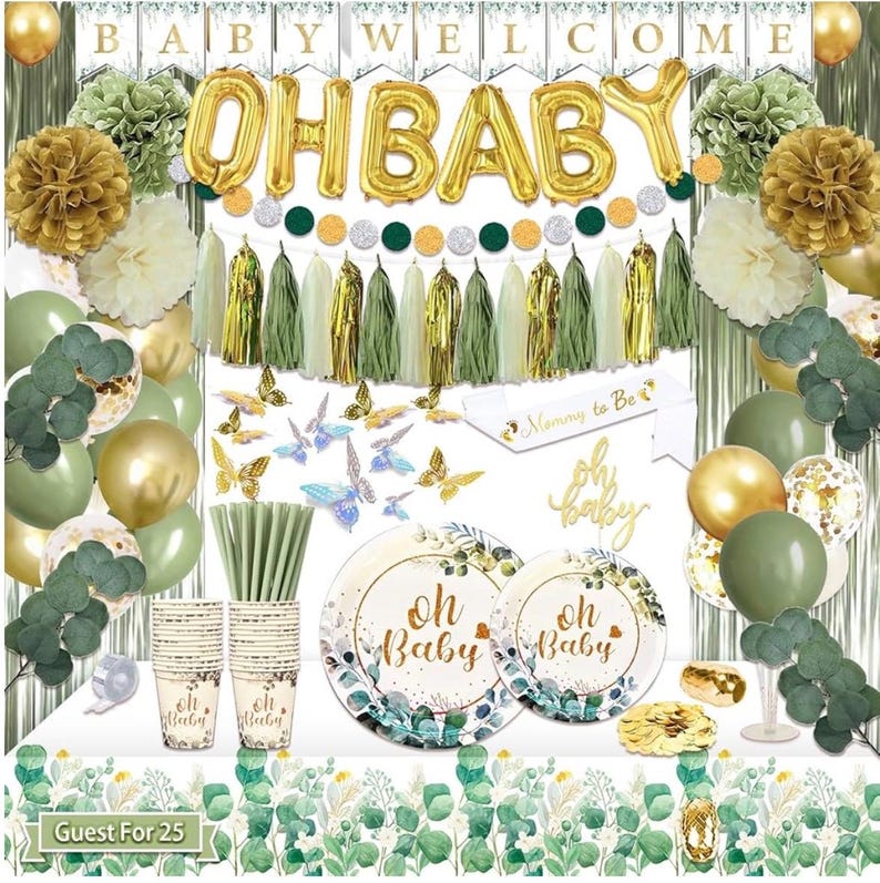 217 Pcs Sage Green Baby Shower Decorations, Neutral Baby Shower Decor Supplies- Disposable Dinnerware Set With Eucalyptus Leaf (25 Guest)