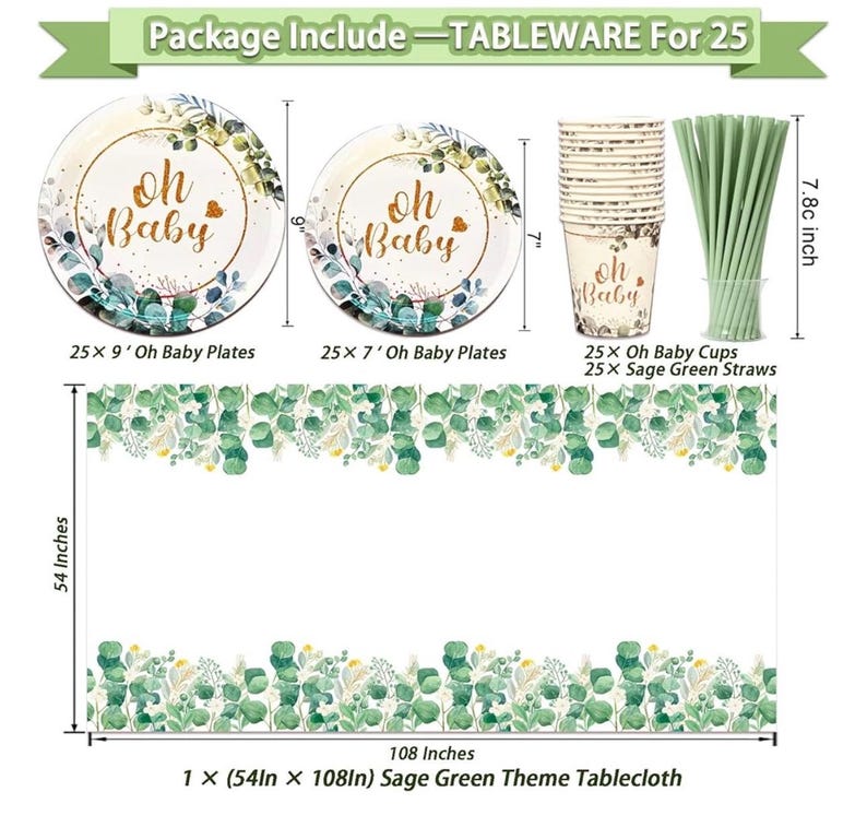 217 Pcs Sage Green Baby Shower Decorations, Neutral Baby Shower Decor Supplies- Disposable Dinnerware Set With Eucalyptus Leaf (25 Guest)
