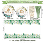 217 Pcs Sage Green Baby Shower Decorations, Neutral Baby Shower Decor Supplies- Disposable Dinnerware Set With Eucalyptus Leaf (25 Guest)