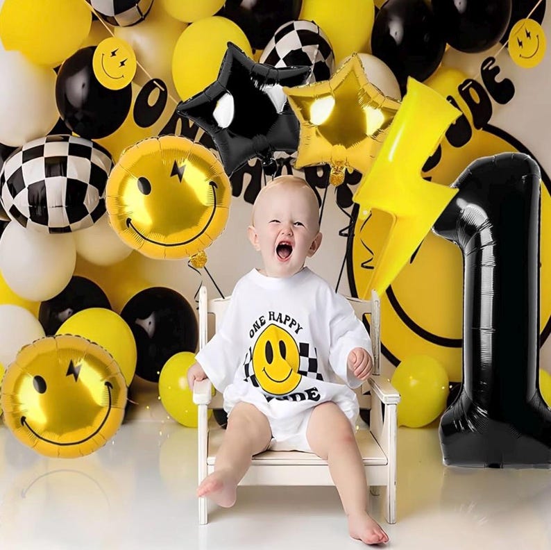 7Pcs One Happy Dude Birthday Decorations,40" Black One Lightning Bolt Eyes Balloon for One Happy Dude Birthday Decor - One Cool Dude Balloon