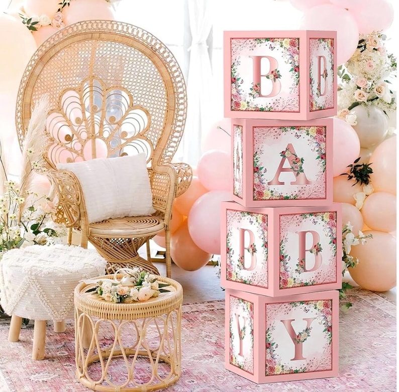 Floral Baby Shower Box Birthday Party Decoration Pink Balloon Blocks First Birthday Centerpiece Decor for Girls Rose Gold Gender Reveal