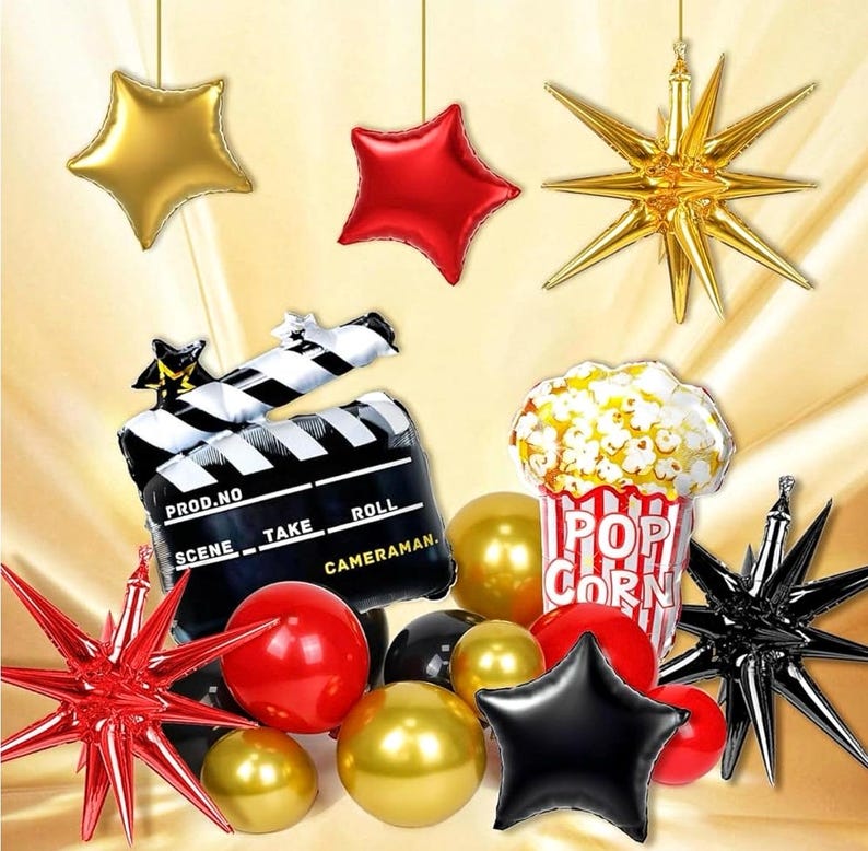Movie Night Balloon Arch Garland Kit with Red Black and Gold Balloons Movie Foil Balloons for Birthday Movie Night Movie Theater Movie