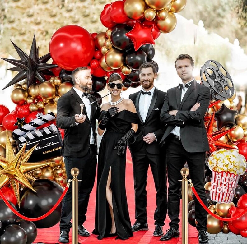 Movie Night Balloon Arch Garland Kit with Red Black and Gold Balloons Movie Foil Balloons for Birthday Movie Night Movie Theater Movie