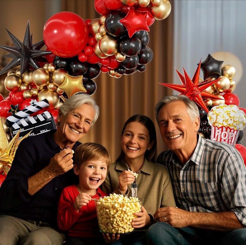Movie Night Balloon Arch Garland Kit with Red Black and Gold Balloons Movie Foil Balloons for Birthday Movie Night Movie Theater Movie