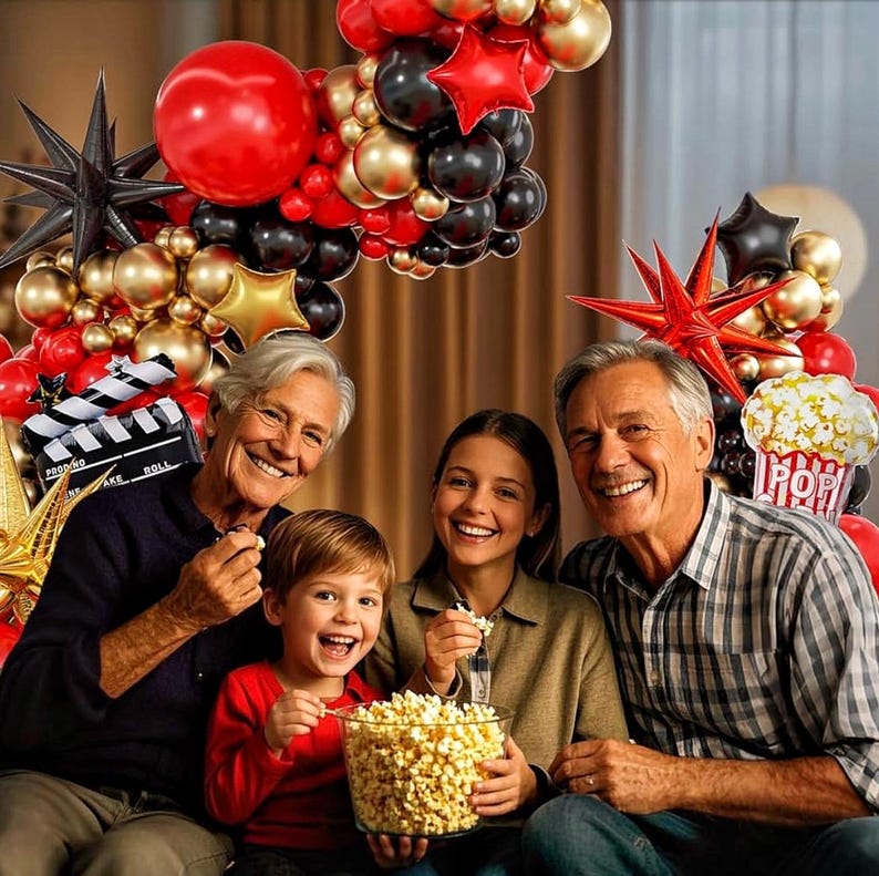 Movie Night Balloon Arch Garland Kit with Red Black and Gold Balloons Movie Foil Balloons for Birthday Movie Night Movie Theater Movie