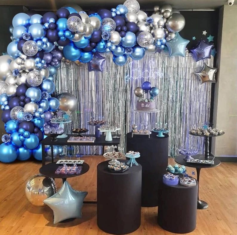 Metallic Blue Silver Balloon Garland Arch Kit, 18 12 10 5 Inch Blue Silver Confetti Latex Party Balloons for Birthday Graduation Baby Shower