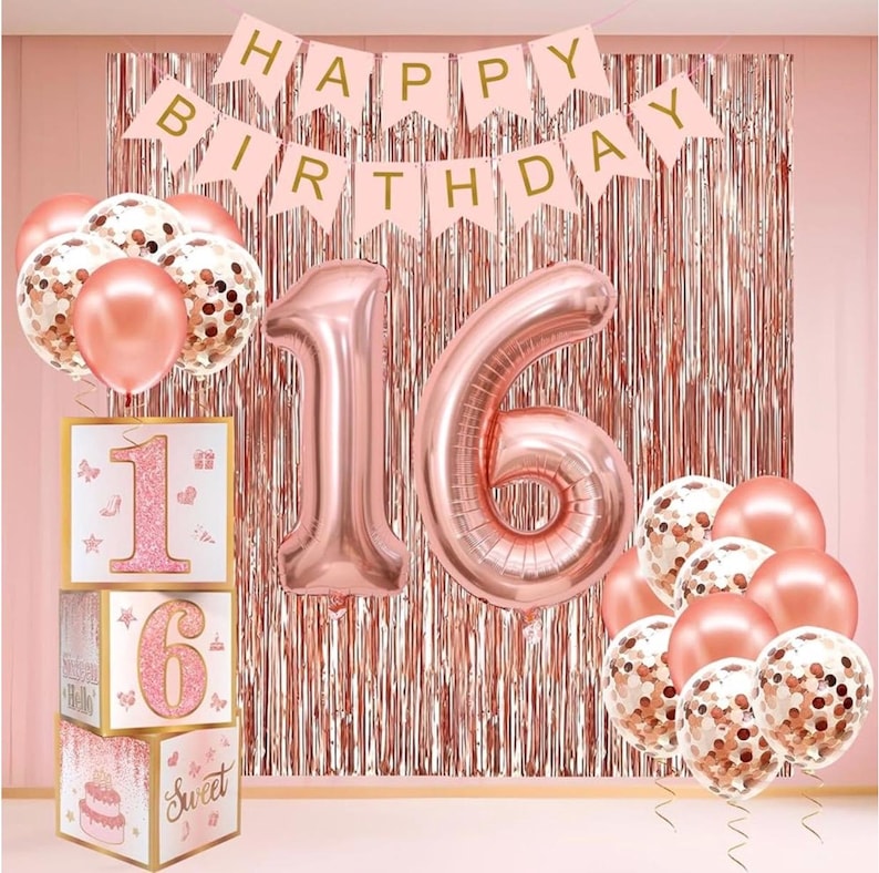Sweet 16 Party Decorations,16th Birthday Boxes Decor for Girls Women Sweet Sixteen Happy Birthday Banner Kits Pink Rose Gold Foil Balloons