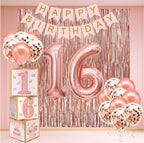 Sweet 16 Party Decorations,16th Birthday Boxes Decor for Girls Women Sweet Sixteen Happy Birthday Banner Kits Pink Rose Gold Foil Balloons