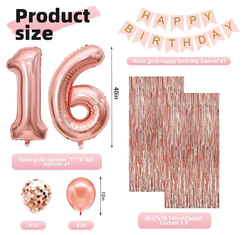 Sweet 16 Party Decorations,16th Birthday Boxes Decor for Girls Women Sweet Sixteen Happy Birthday Banner Kits Pink Rose Gold Foil Balloons