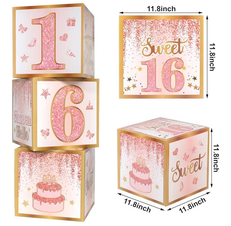 Sweet 16 Party Decorations,16th Birthday Boxes Decor for Girls Women Sweet Sixteen Happy Birthday Banner Kits Pink Rose Gold Foil Balloons